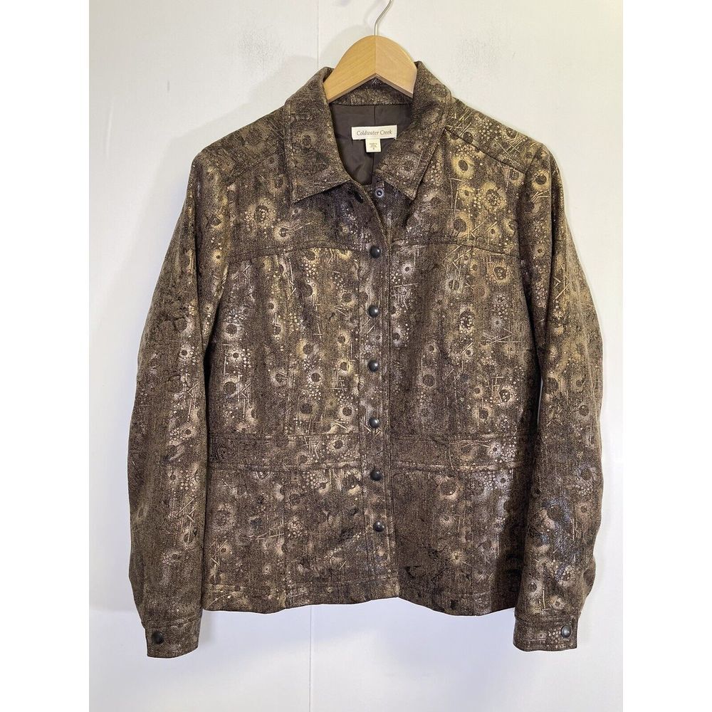 Coldwater Creek Jacket Womens Size 8 Brown Blazer Snap Front Lined Shiny Twill‎
